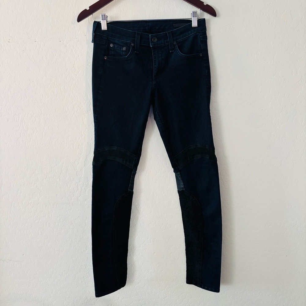 RAG & BONE Women’s Midnight Blue Moto Leather Panel Skinny Jeans Sz 26